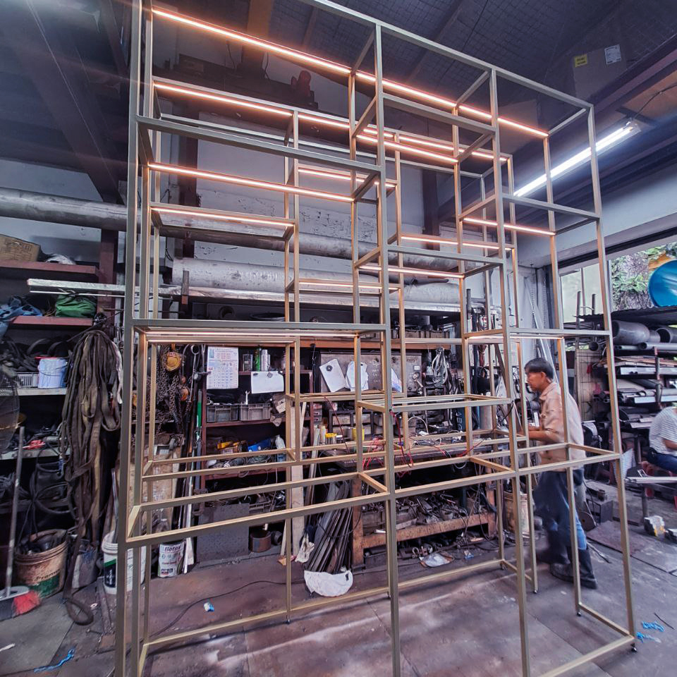 Bottom-up view of a steel rack frame